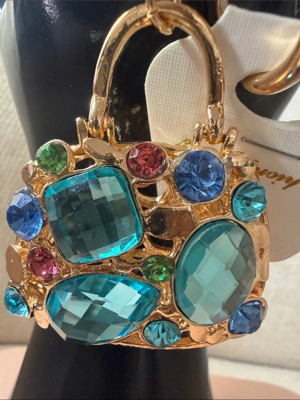 Gold-tone Jeweled Handbag Keychain with Blue & Teal Gems